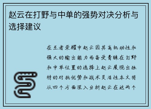 赵云在打野与中单的强势对决分析与选择建议