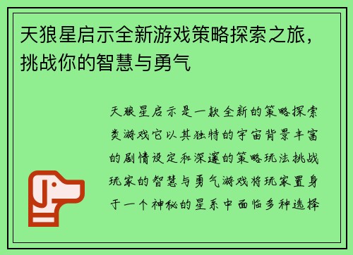 天狼星启示全新游戏策略探索之旅，挑战你的智慧与勇气