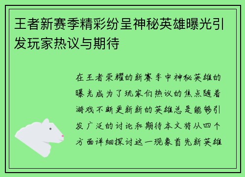 王者新赛季精彩纷呈神秘英雄曝光引发玩家热议与期待