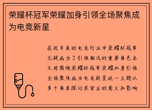 荣耀杯冠军荣耀加身引领全场聚焦成为电竞新星