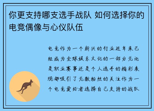 你更支持哪支选手战队 如何选择你的电竞偶像与心仪队伍