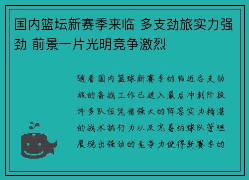 国内篮坛新赛季来临 多支劲旅实力强劲 前景一片光明竞争激烈