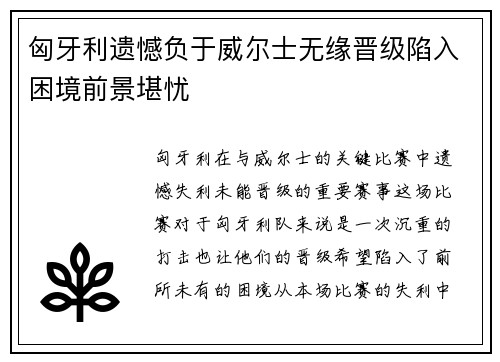 匈牙利遗憾负于威尔士无缘晋级陷入困境前景堪忧
