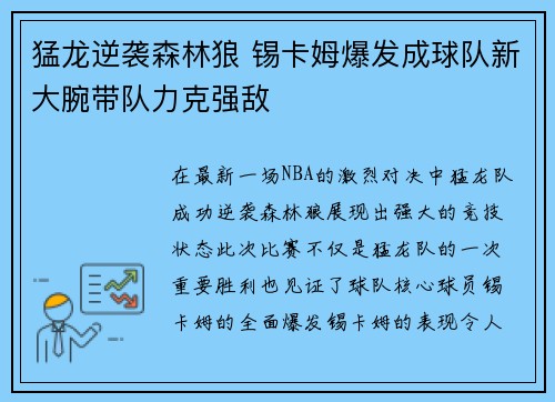 猛龙逆袭森林狼 锡卡姆爆发成球队新大腕带队力克强敌
