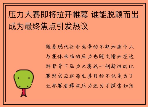 压力大赛即将拉开帷幕 谁能脱颖而出成为最终焦点引发热议