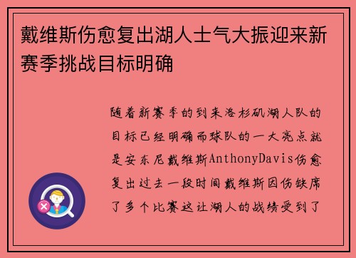 戴维斯伤愈复出湖人士气大振迎来新赛季挑战目标明确
