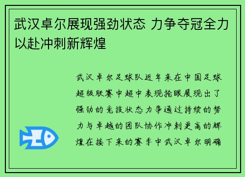 武汉卓尔展现强劲状态 力争夺冠全力以赴冲刺新辉煌