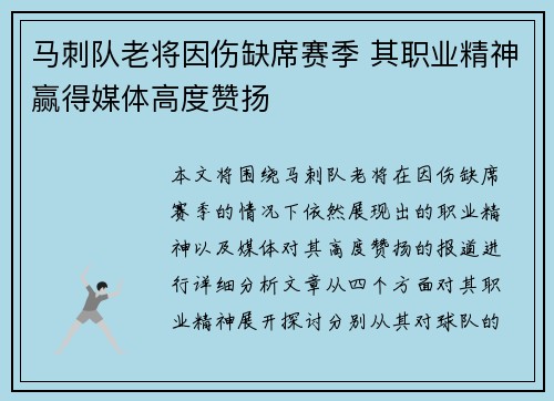 马刺队老将因伤缺席赛季 其职业精神赢得媒体高度赞扬