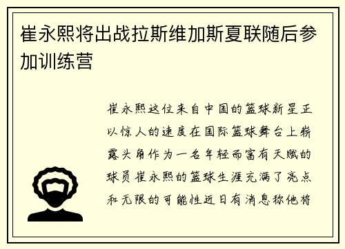 崔永熙将出战拉斯维加斯夏联随后参加训练营