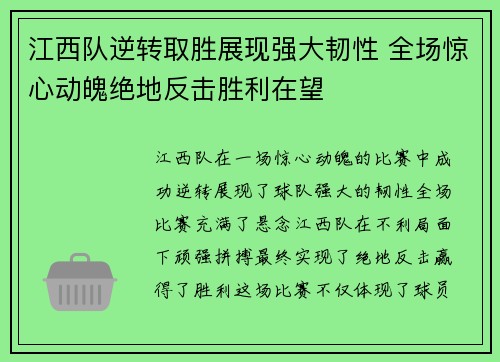 江西队逆转取胜展现强大韧性 全场惊心动魄绝地反击胜利在望