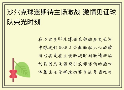 沙尔克球迷期待主场激战 激情见证球队荣光时刻