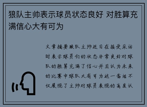 狼队主帅表示球员状态良好 对胜算充满信心大有可为