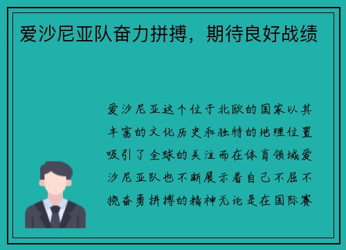 爱沙尼亚队奋力拼搏，期待良好战绩