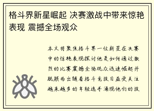 格斗界新星崛起 决赛激战中带来惊艳表现 震撼全场观众