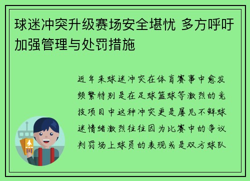 球迷冲突升级赛场安全堪忧 多方呼吁加强管理与处罚措施