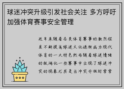 球迷冲突升级引发社会关注 多方呼吁加强体育赛事安全管理