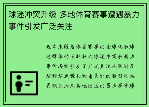球迷冲突升级 多地体育赛事遭遇暴力事件引发广泛关注