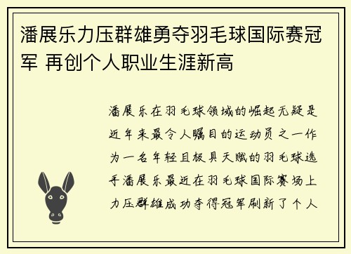 潘展乐力压群雄勇夺羽毛球国际赛冠军 再创个人职业生涯新高